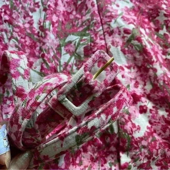 Talbots women's Linen 4 Sleeveless A Line Pink Floral Midi Dress Belted‎ Waist - Picture 10 of 14